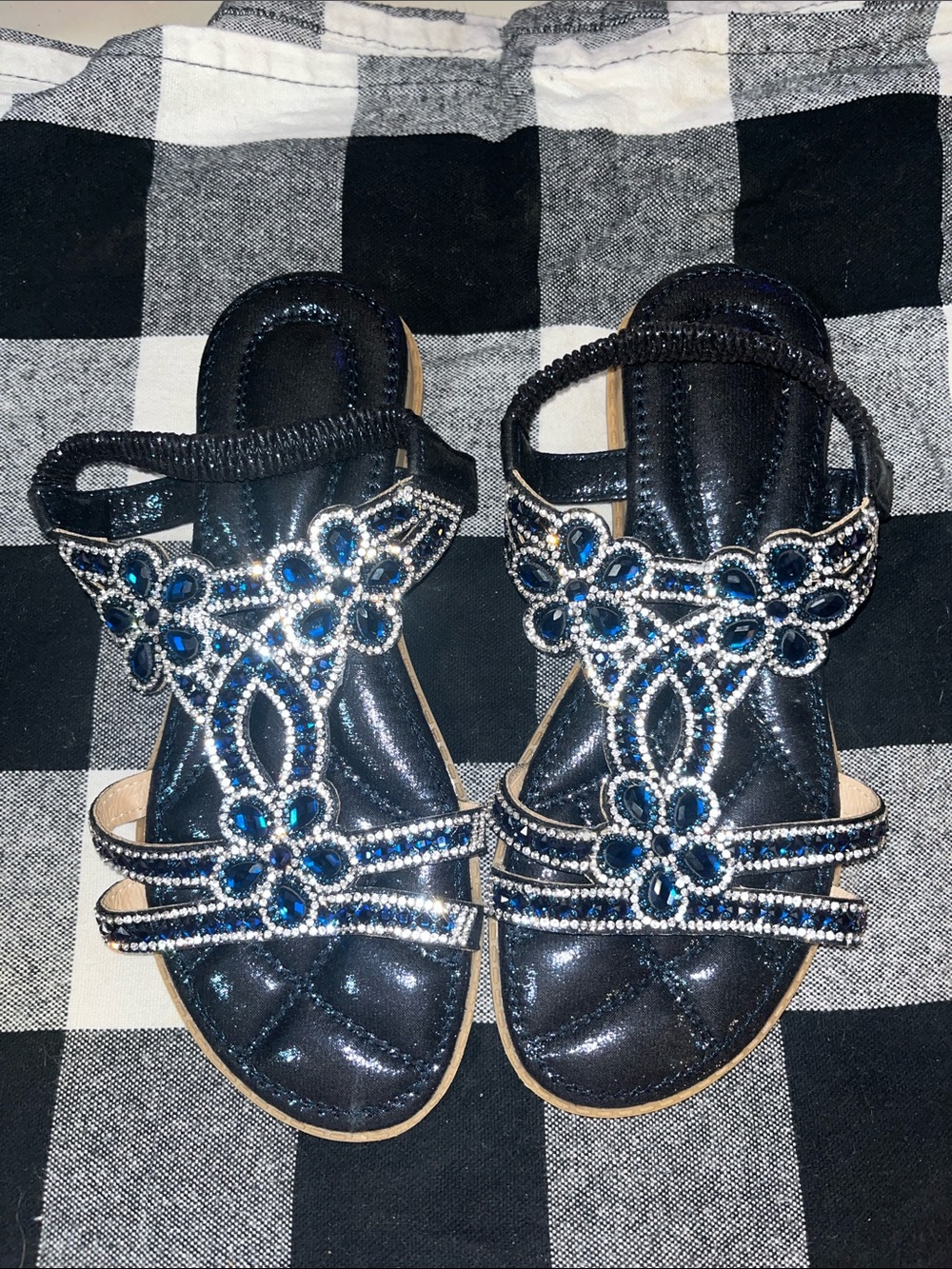 Beaded Navy Blue Floral Embellished Women's Sandals